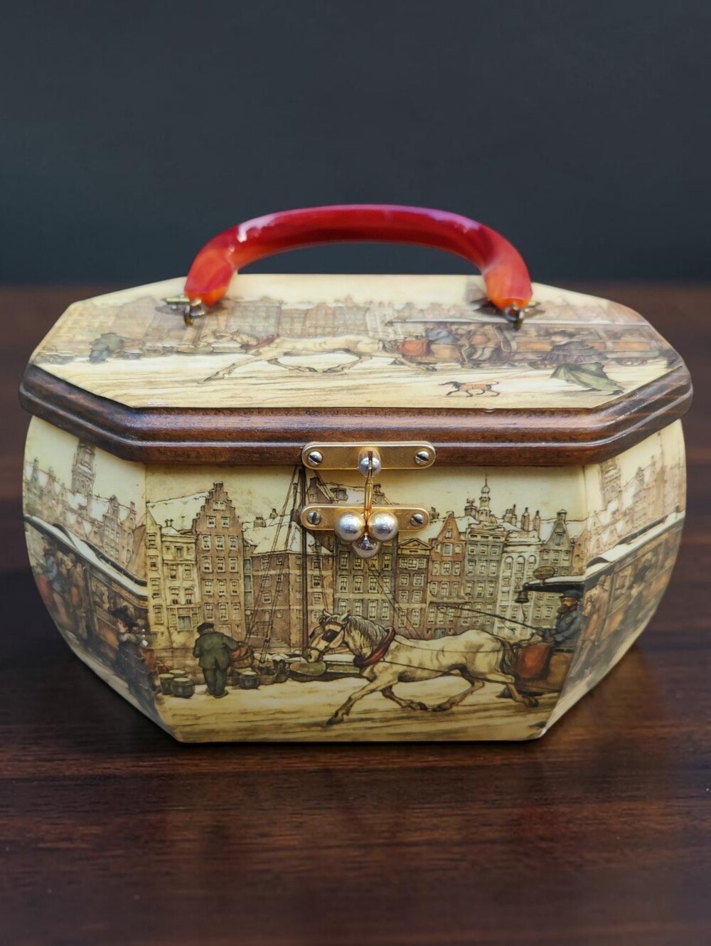 Rare Vintage Anton Pieck Wooden Decoupage Handmade Bag